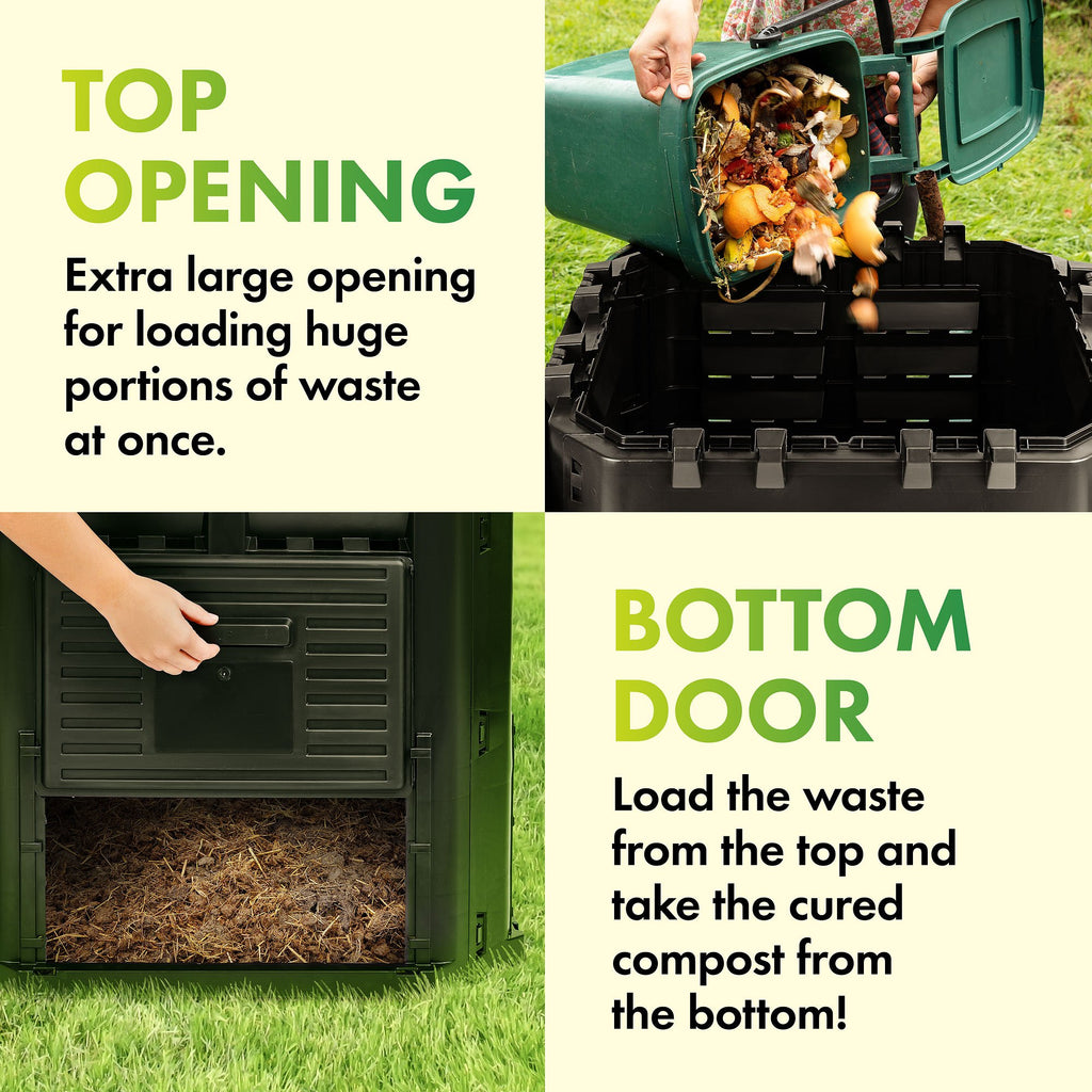 A) Home composter with an aerator on the lid, (B) material in