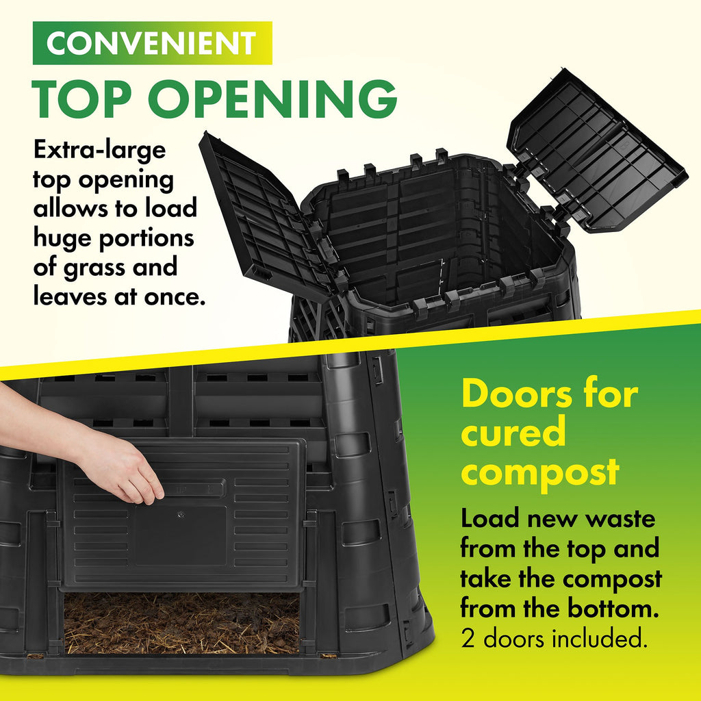 170 Gallon Wooden Compost Bin, Removable Front Door, Easy to Setup for Backyard, Lawn (Black with Gloves and Liner)
